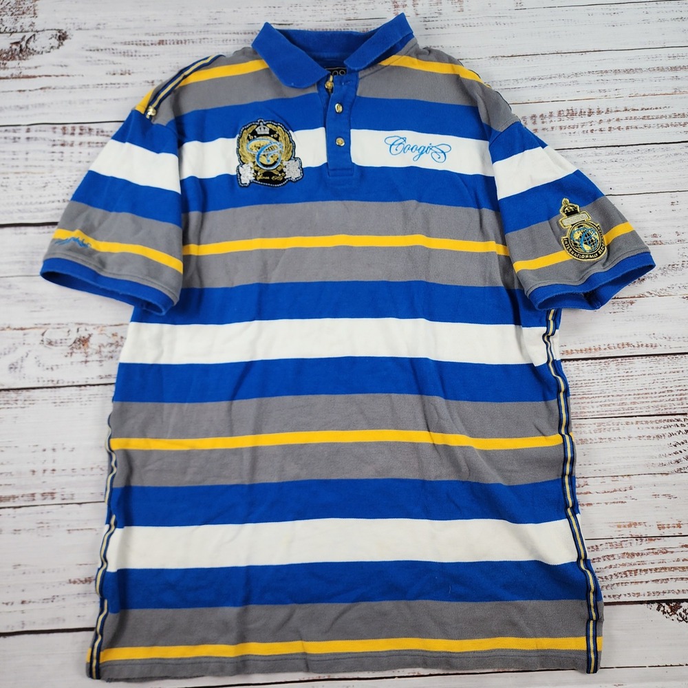 Coogi Polo Shirt Mens XXXL Blue Gray Stripe Crest Patch Embroidered Hip Hop 3XL